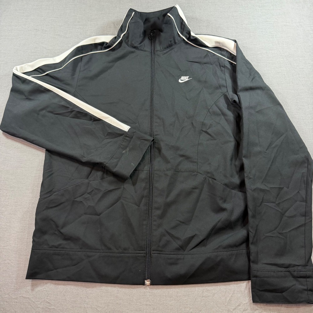 Nike Track Jacket Youth Large Black Good White Stripes Full Zip Sportswear